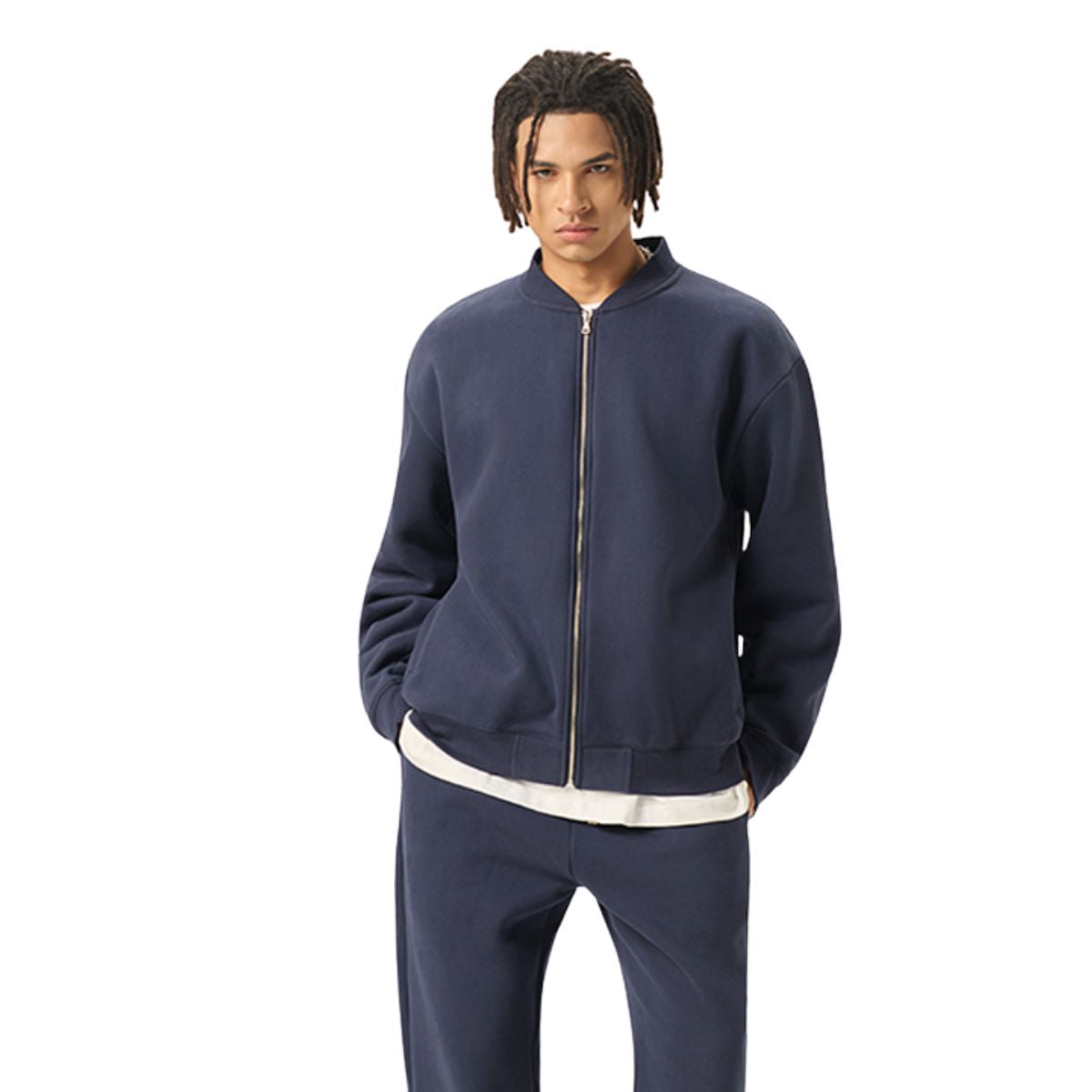 Solid Zip-Front Fleece Bomber Jacket