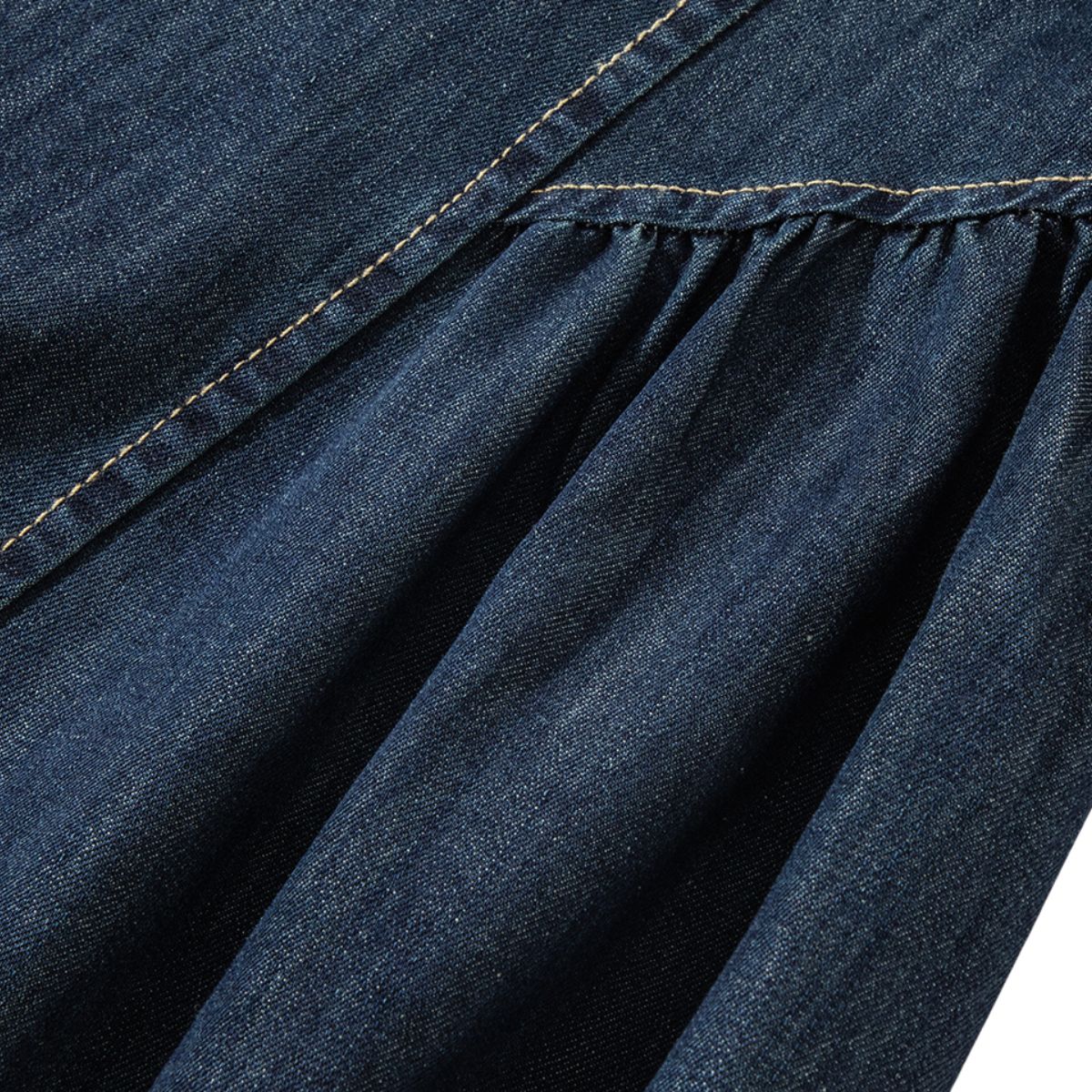 Lace Trim Puff Sleeve Denim Midi Dress