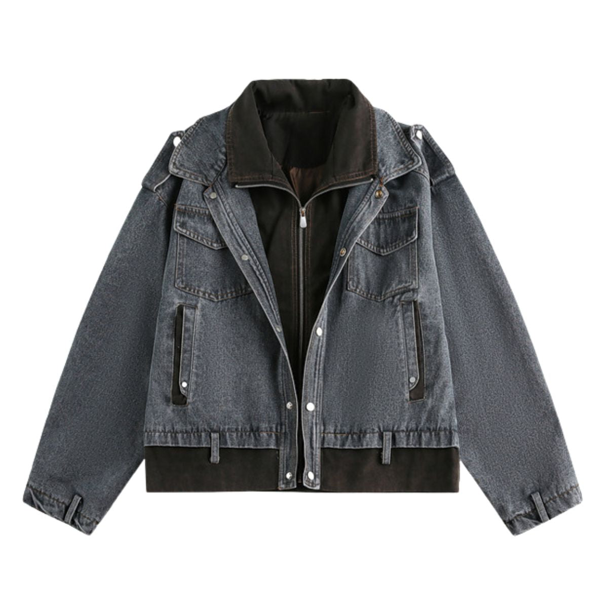 Retro Patchwork Two-in-one Design Functional Style Stand Collar Denim Jacket