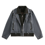 Retro Patchwork Two-in-one Design Functional Style Stand Collar Denim Jacket