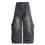 Cargo Wide Leg Distressed Wash Denim Jeans