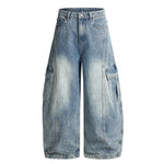 Distressed Cargo Style Wide Leg Denim Jeans