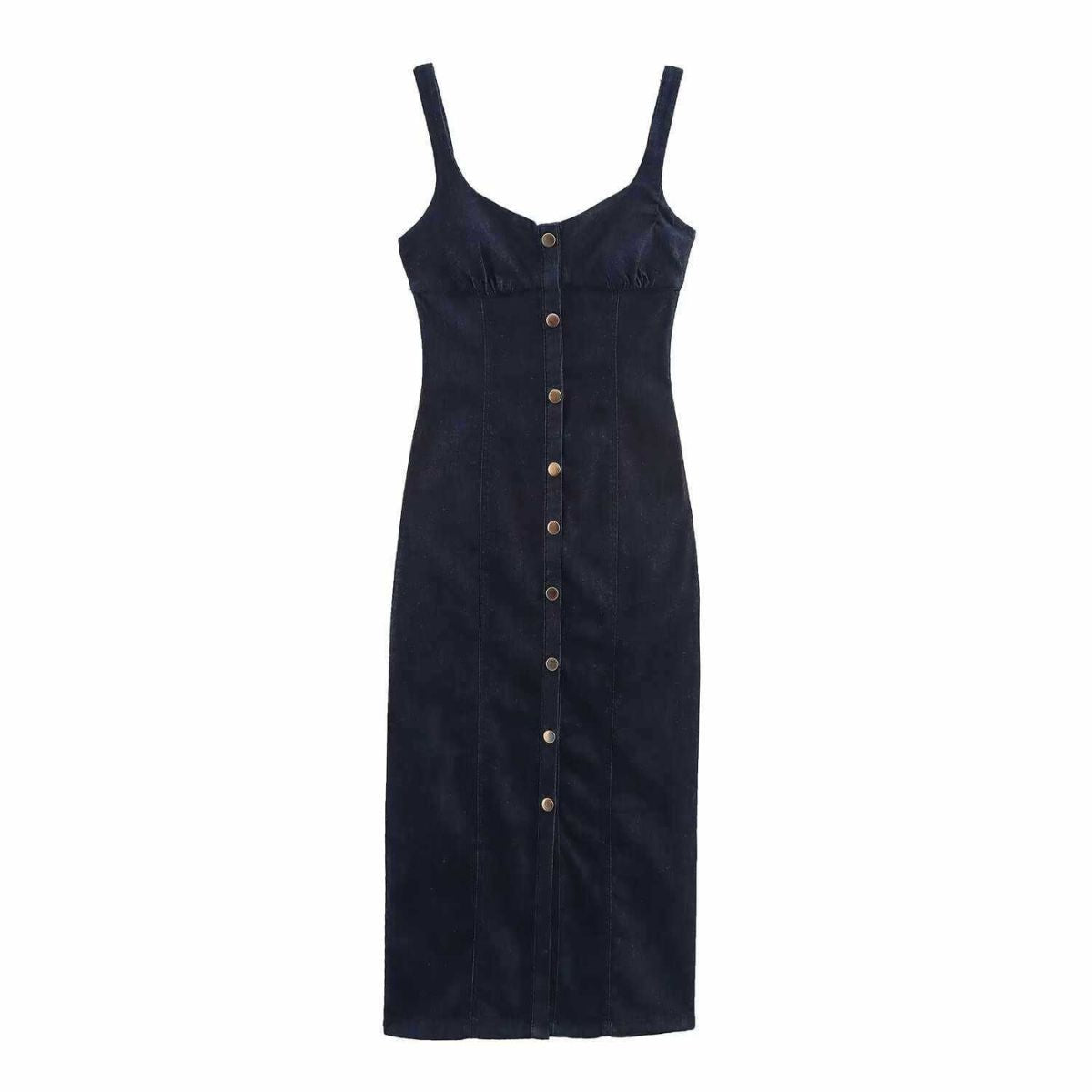 Decorative Button Strappy Denim Maxi Dress