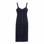 Decorative Button Strappy Denim Maxi Dress