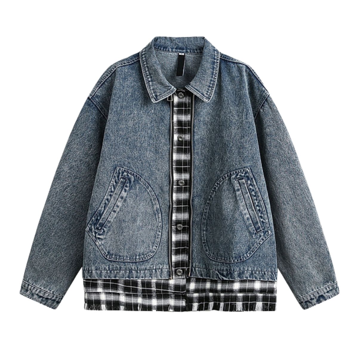 Men's Retro Plaid Patchwork Fake Two-piece Denim Jacket