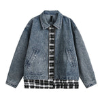 Men's Retro Plaid Patchwork Fake Two-piece Denim Jacket