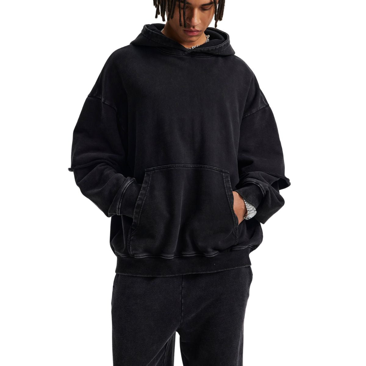 Stone-Washed Mock Two-Layer Hoodie