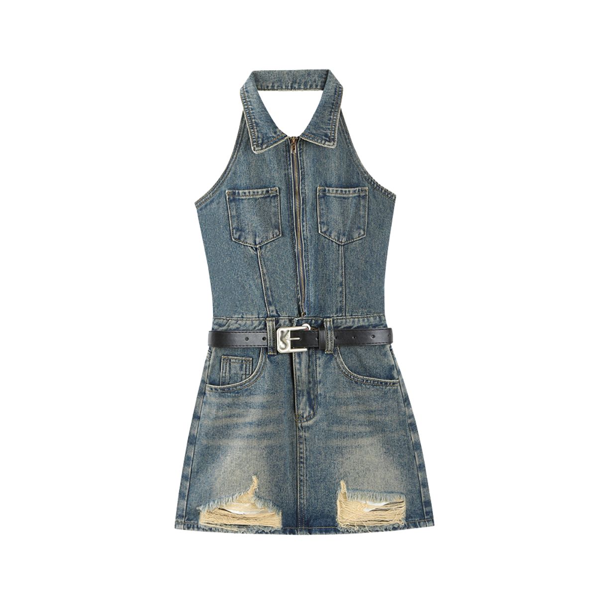 Halter Neck Belted Ripped Denim Mini Dress