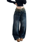 Vintage Washed Double-Waist Wide-Leg Denim Jeans
