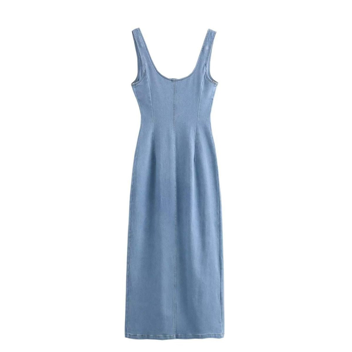 Button-Front Strappy Denim Maxi Dress