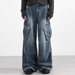 High Waisted Cargo Denim Pants Oversized Pockets Vintage Wash