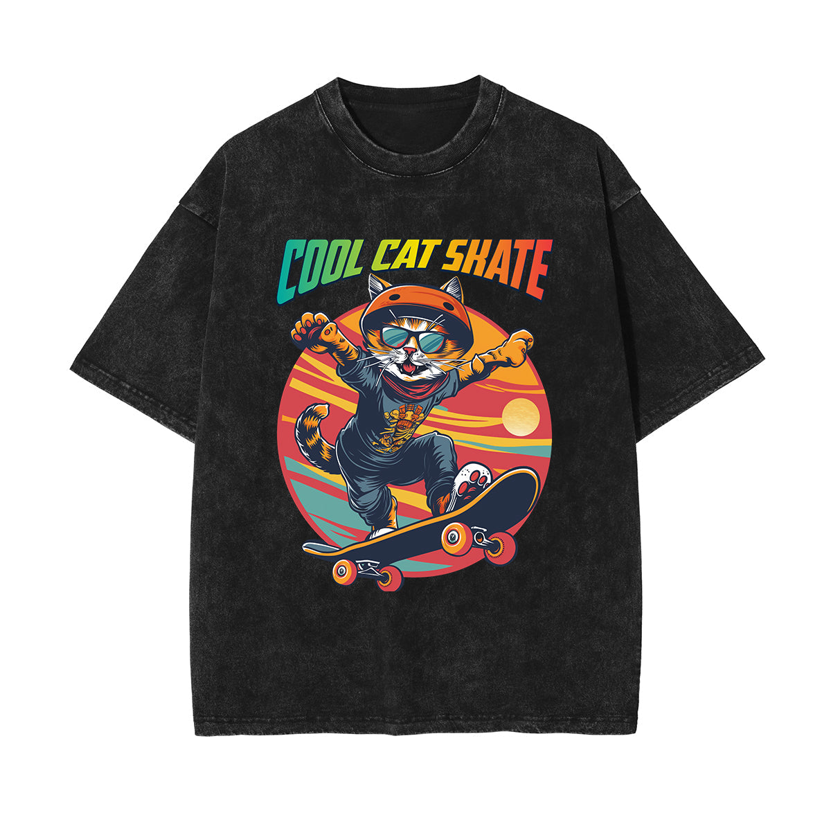 Cute Cat Stone Wash Graphic Tee-INNBLAC Fashion Apparel