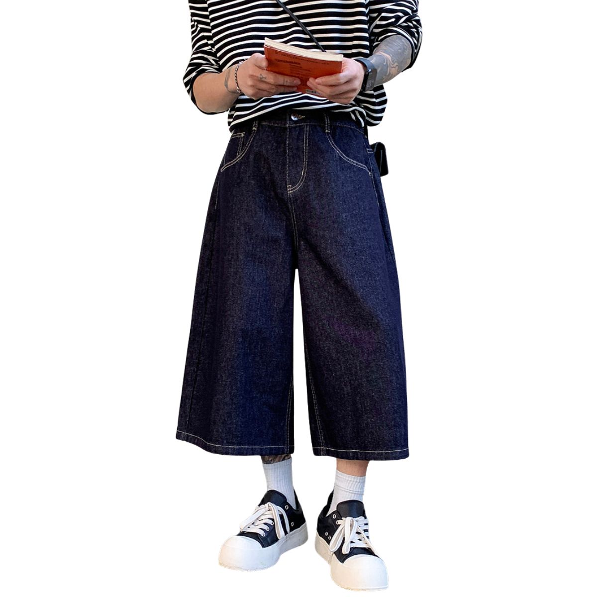 Raw Indigo Wide Leg Denim Shorts