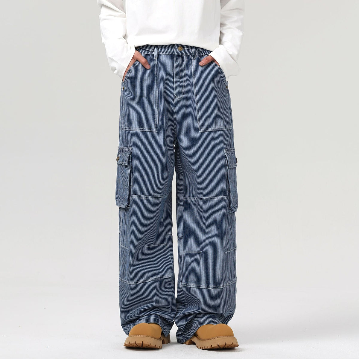 Buckle Belt Striped Denim Cargo Jeans-INNBLAC Fashion Apparel