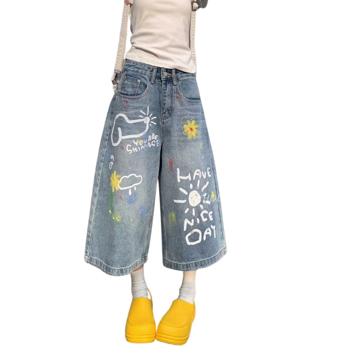 Graffiti Print Loose Fit Denim Shorts