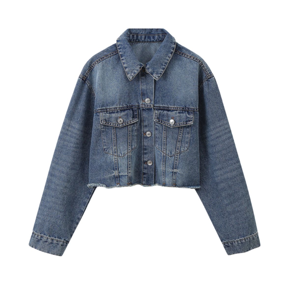 Cropped Raw Hem Washed Denim Jacket