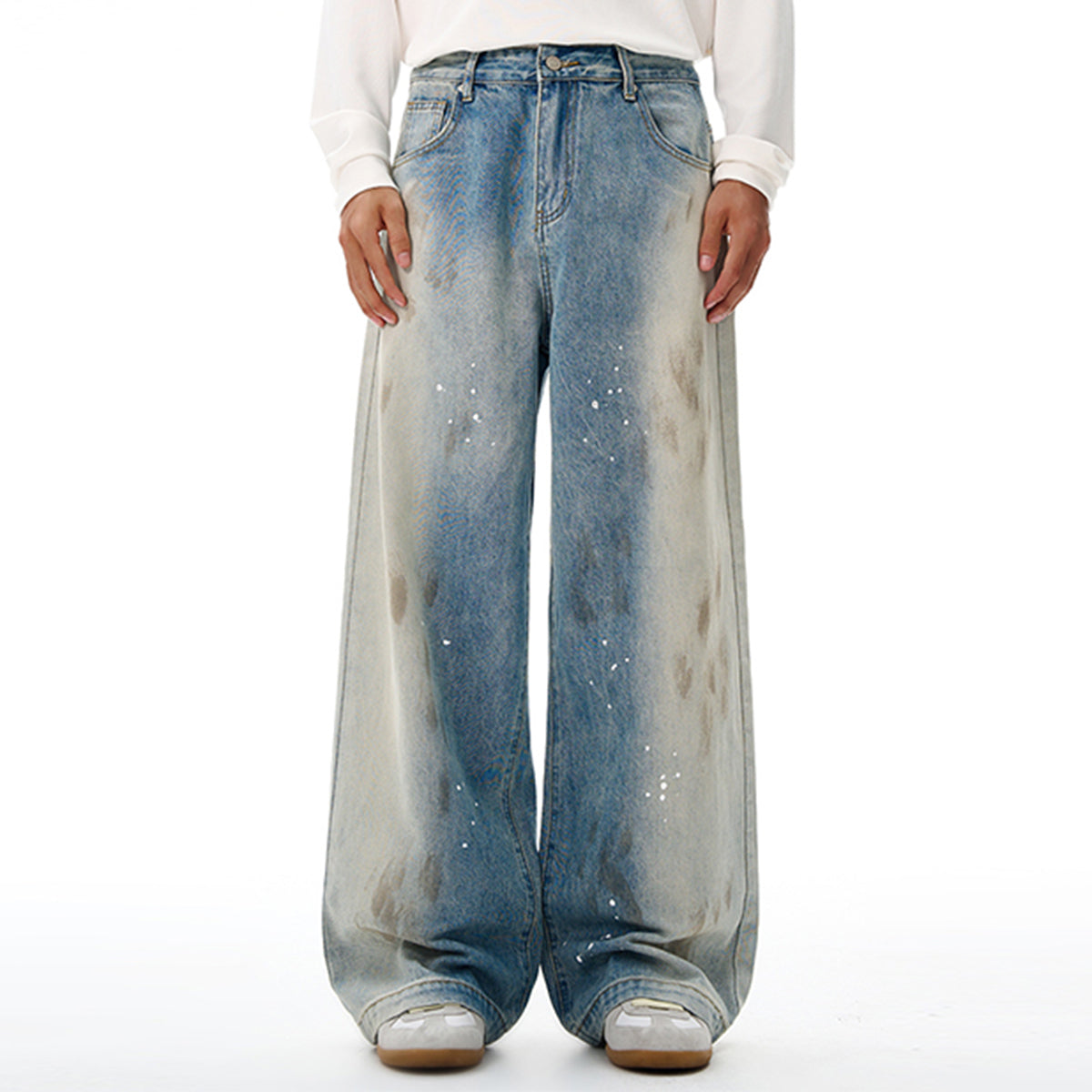 Paint Splatter Distressed Wide Leg Light Blue Jeans