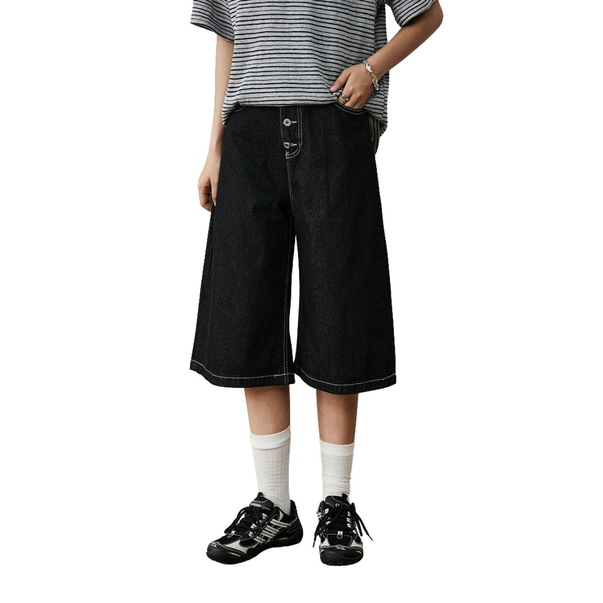 Button Fly Raw Black Denim Shorts
