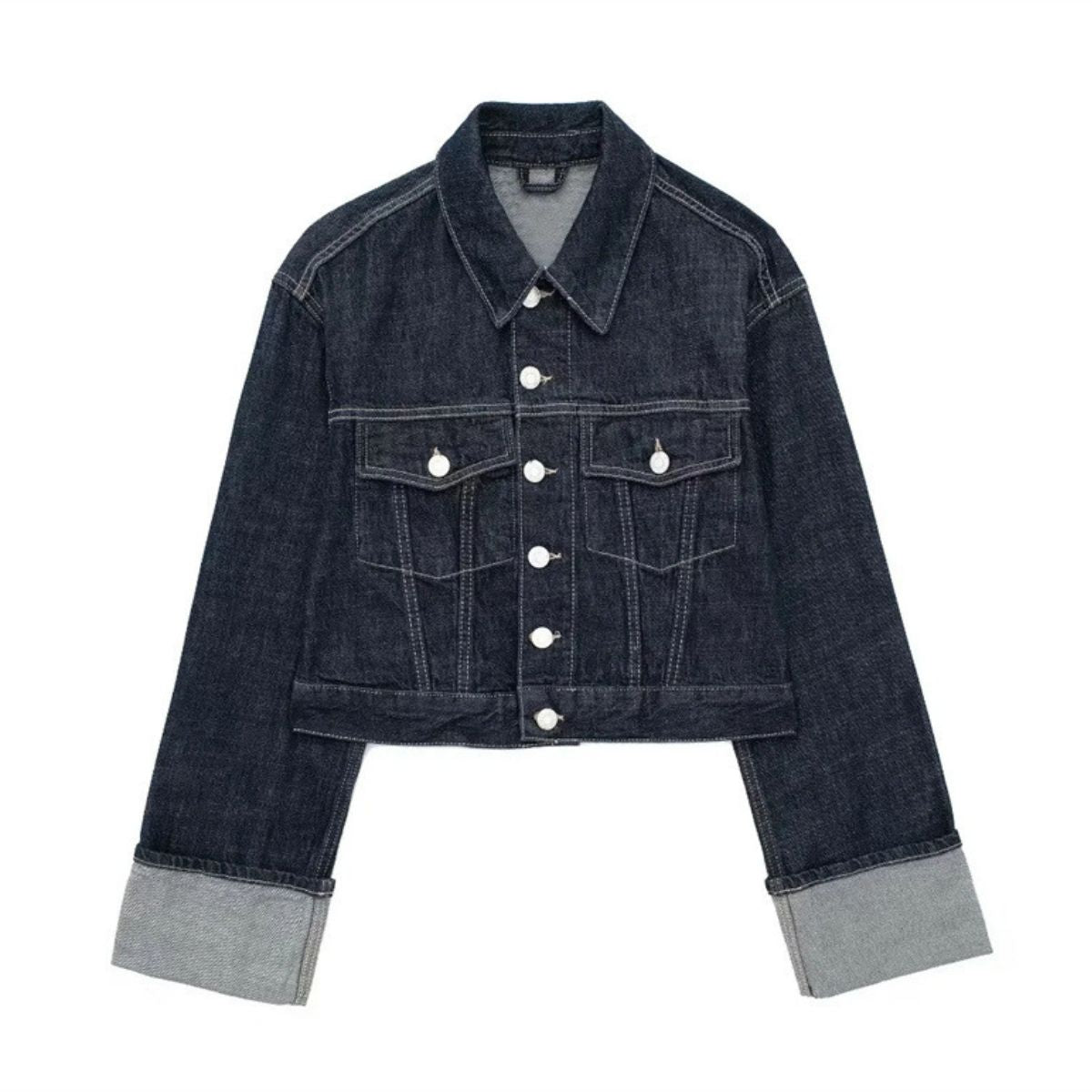 Roll-Up Sleeves Cropped Denim Jacket