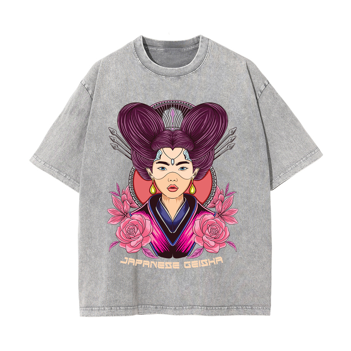 Japanese Geisha Stone Wash Graphic Tee-INNBLAC Fashion Apparel