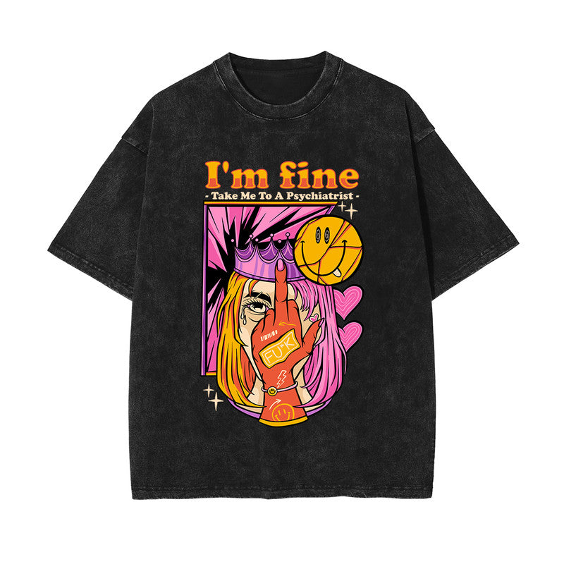 I'm Fine Stone Wash Graphic Tee-INNBLAC Fashion Apparel