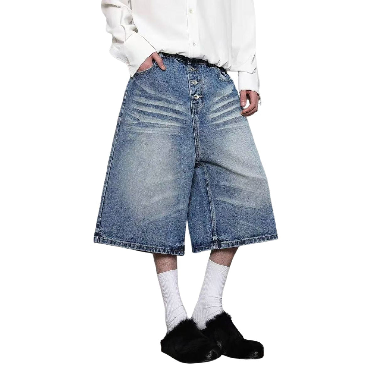Stretch Whiskered Wide Leg Denim Shorts