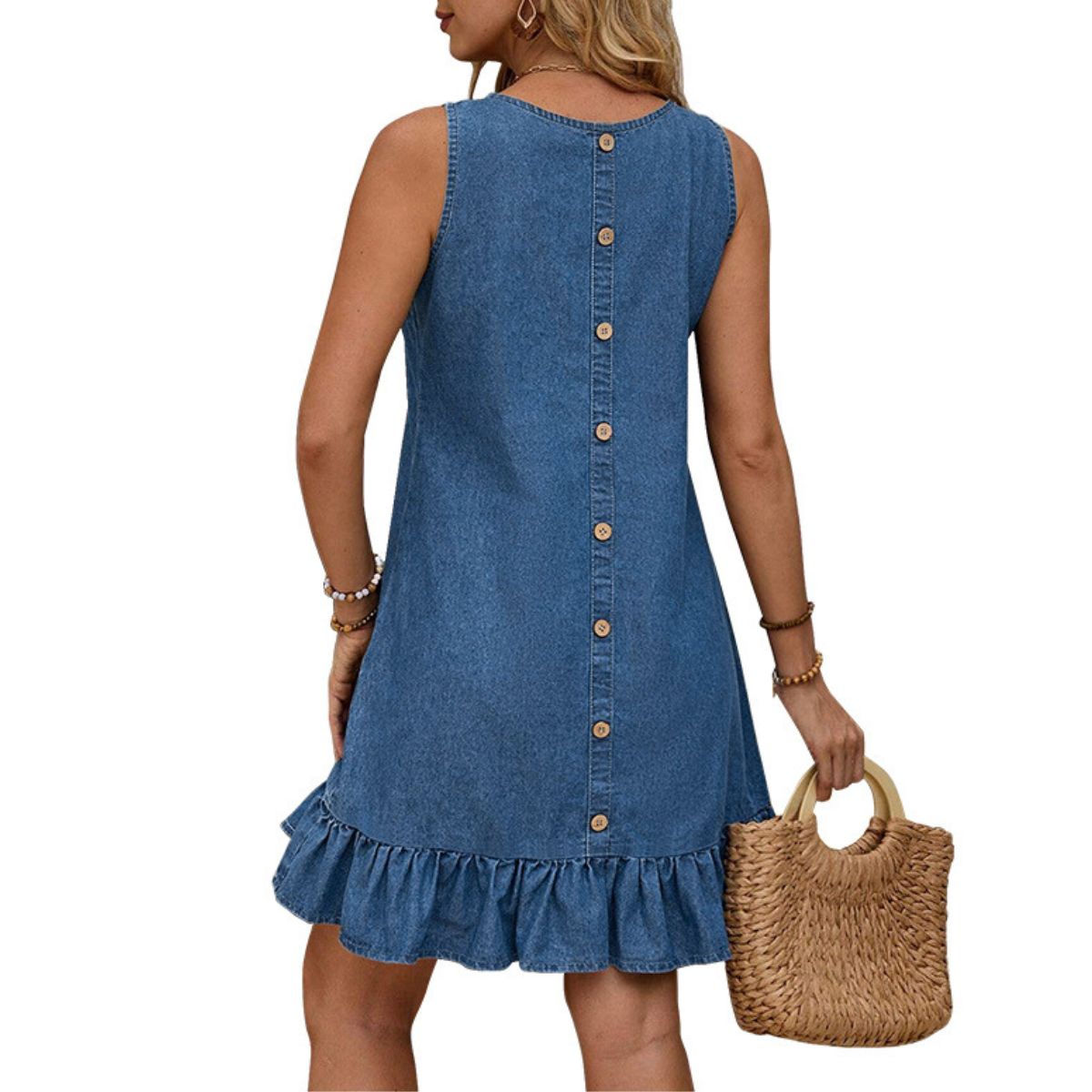 Ruffle Hem Sleeveless Denim Mini Dress