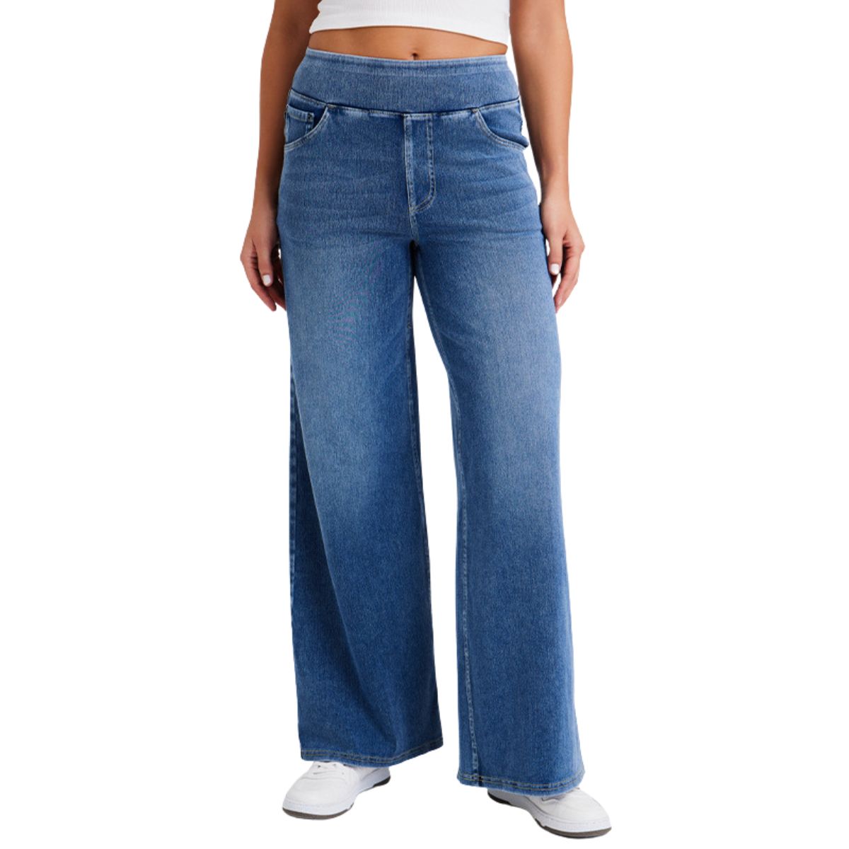 Women's Vintage Whiskered Wide Leg Jeans Stretchy Casual Pants