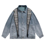 Zipper Design Chinese Ethnic Pattern Patchwork Denim Jacket