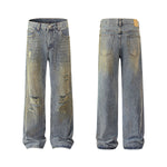 Blue Wash Distressed Ripped Wide-Leg Jeans