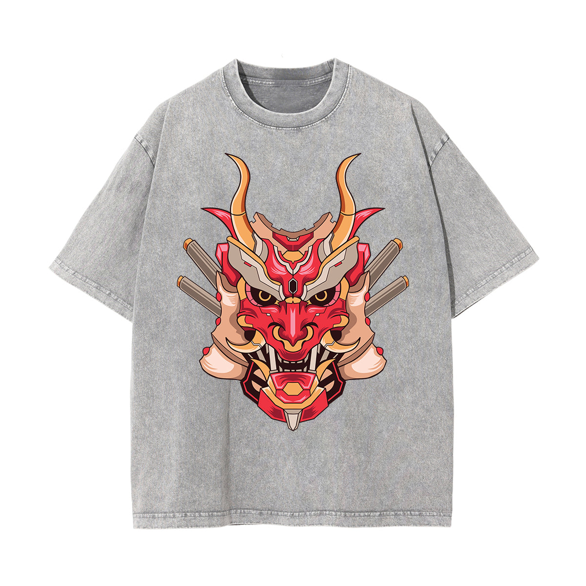 Oni Mask Mecha Washed Graphic Tee-INNBLAC Fashion Apparel