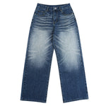 Deep Blue Washed Cat Whisker A-Line Straight Baggy Denim Jeans