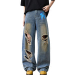 Distressed Barrel Leg Denim Jeans with Heavy Rip Details