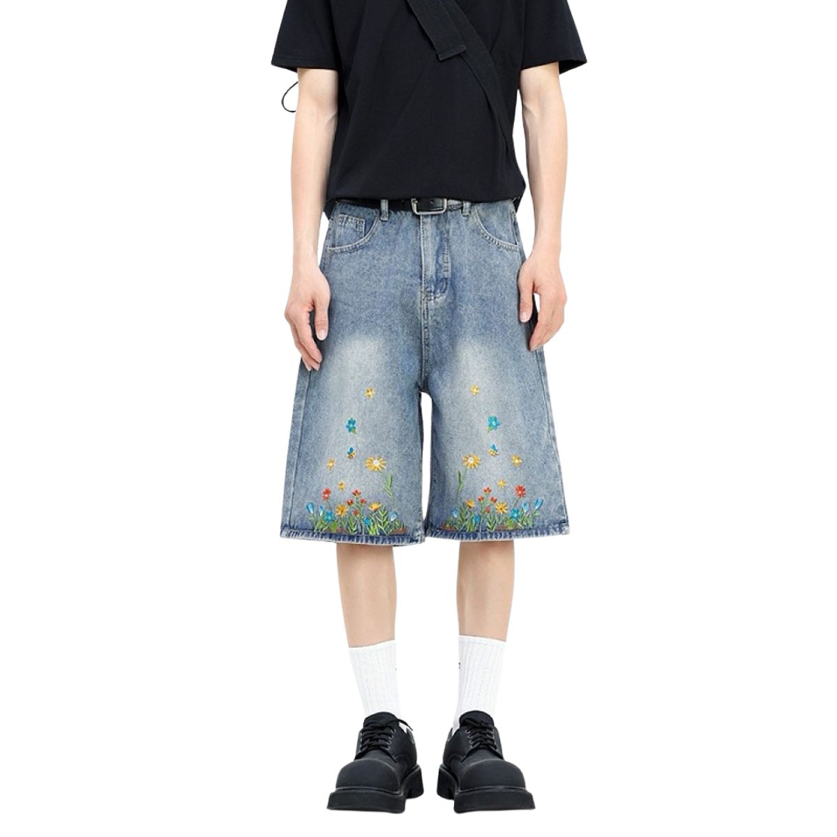 Floral Embroidery Washed Denim Shorts