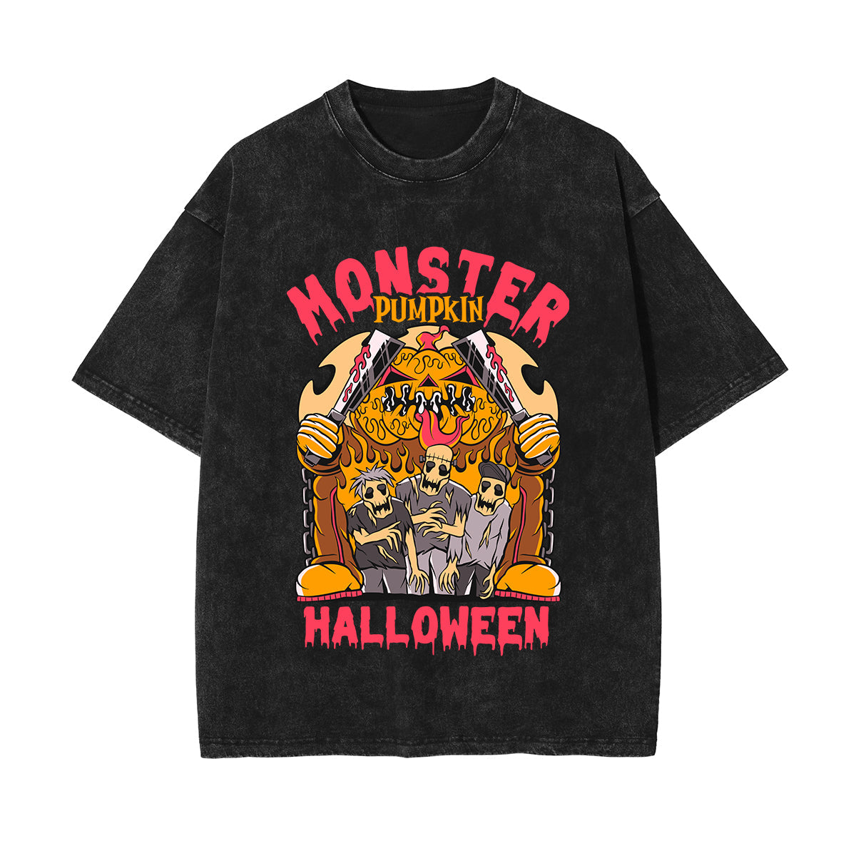 Monster Pumpkin Graphic Washed Tee-INNBLAC Fashion Apparel