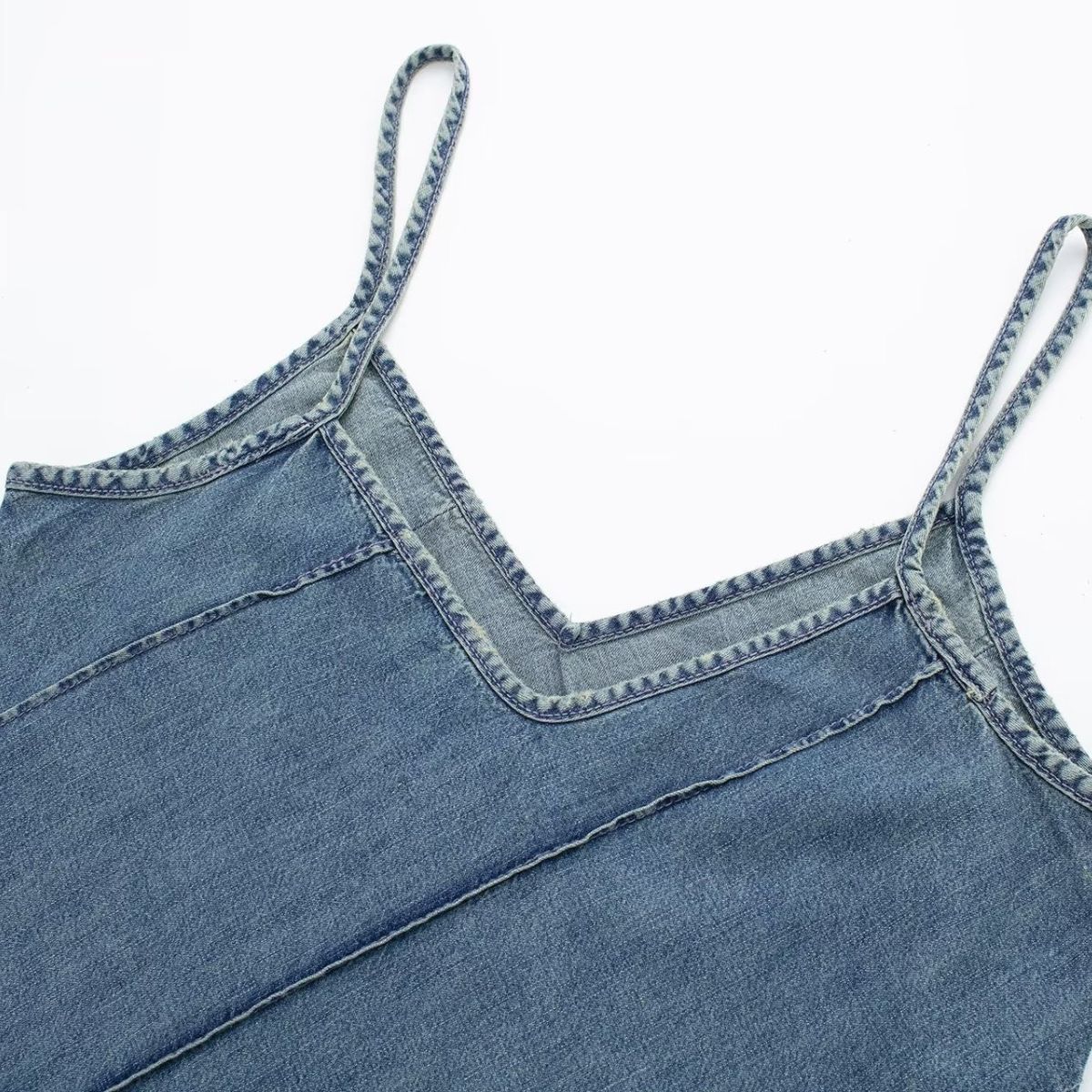 Diagonal Stitching Denim Spaghetti Strap Dress