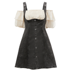 Puff Sleeves Button Front Denim Mini Dress