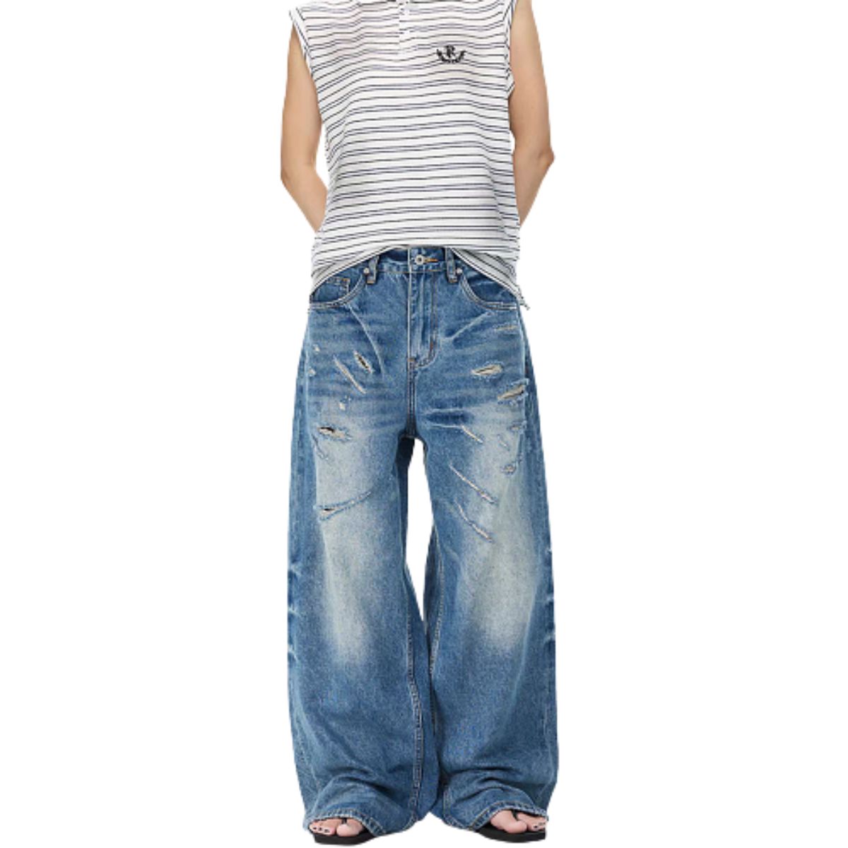 Bleached Rip Curved Wide Leg Denim Jeans