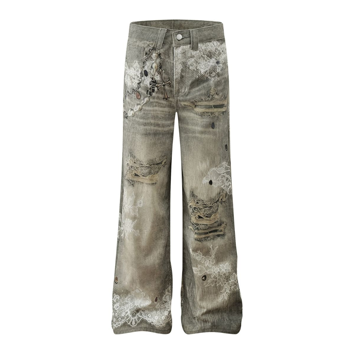 Smoke Rise Lace Print Straight Leg Ripped Jeans