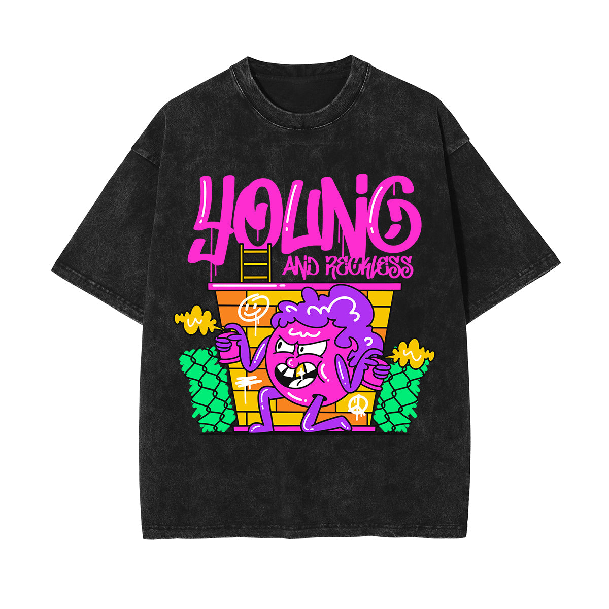 Young Graffiti Cartoon Graphic Washed Tee-INNBLAC Fashion Apparel