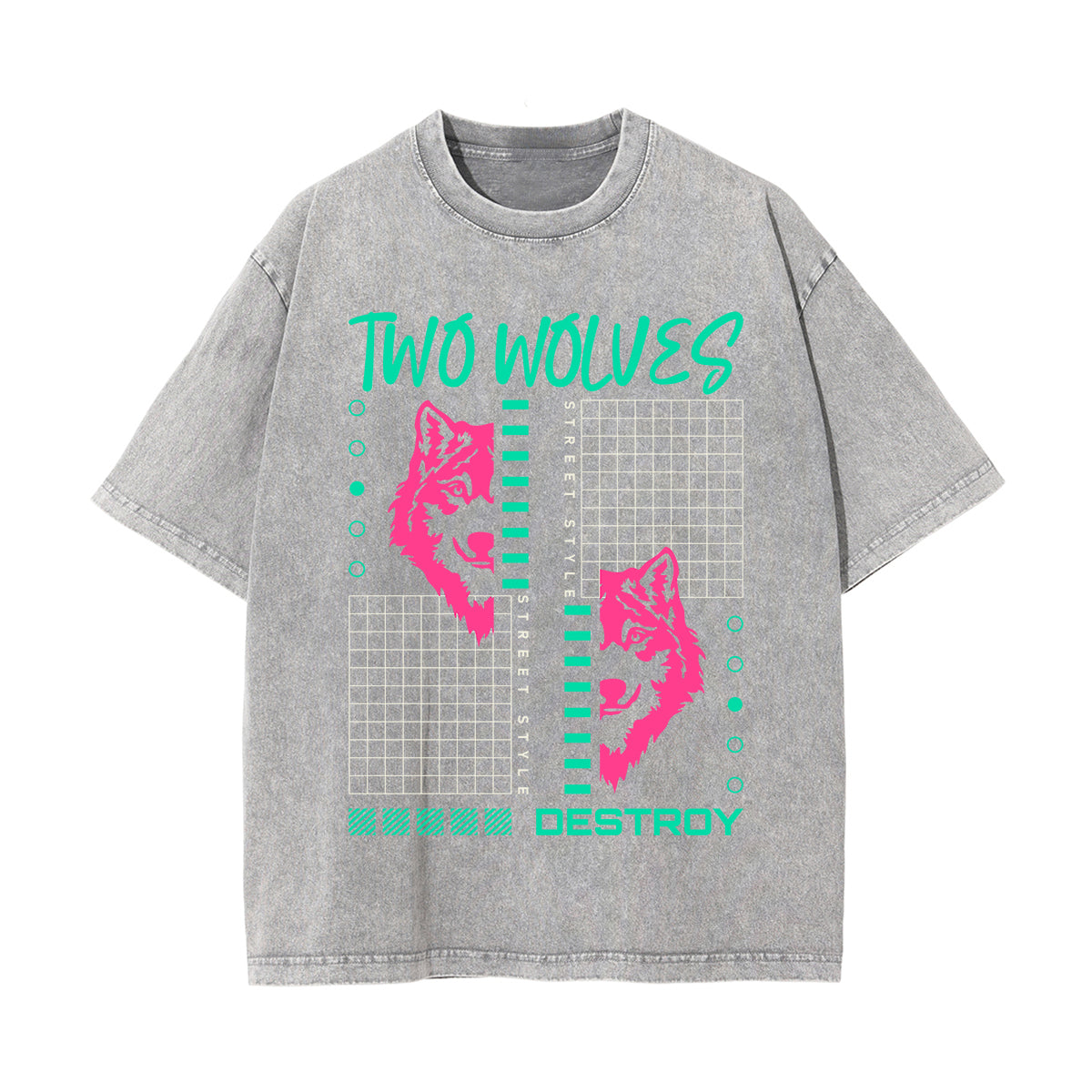 Two Wolves Graphic Stone Wash Tee-INNBLAC Fashion Apparel