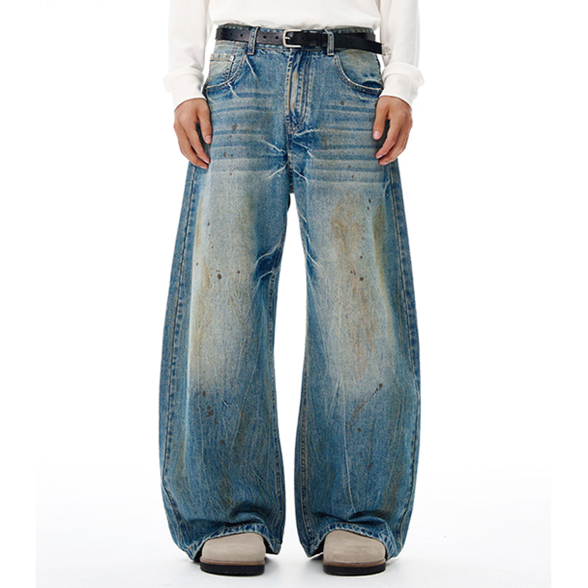 Light Blue Distressed Wide Leg Denim Jeans