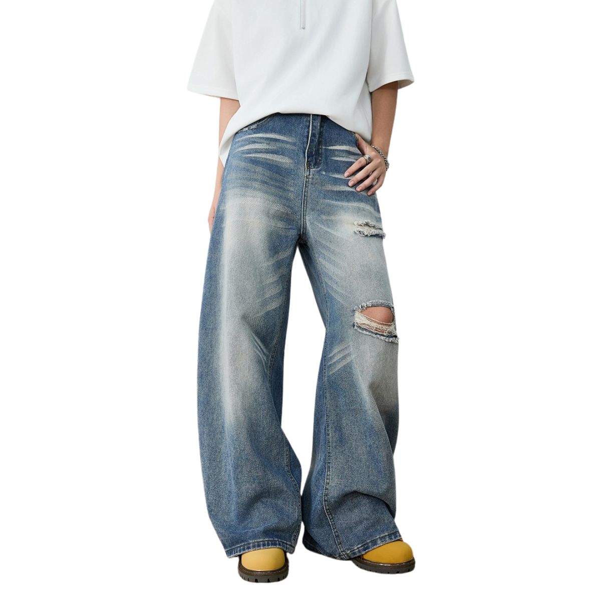 Distressed Curved Leg Wide Fit Denim Jeans