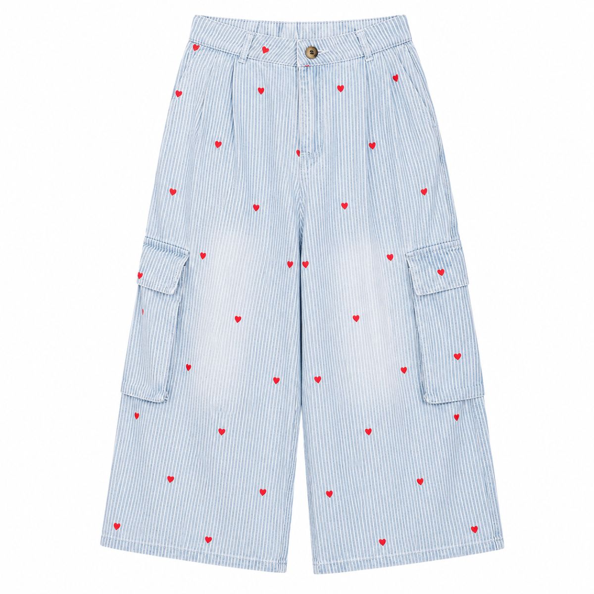 Heart Embroidery Striped Cargo Denim Capri Shorts