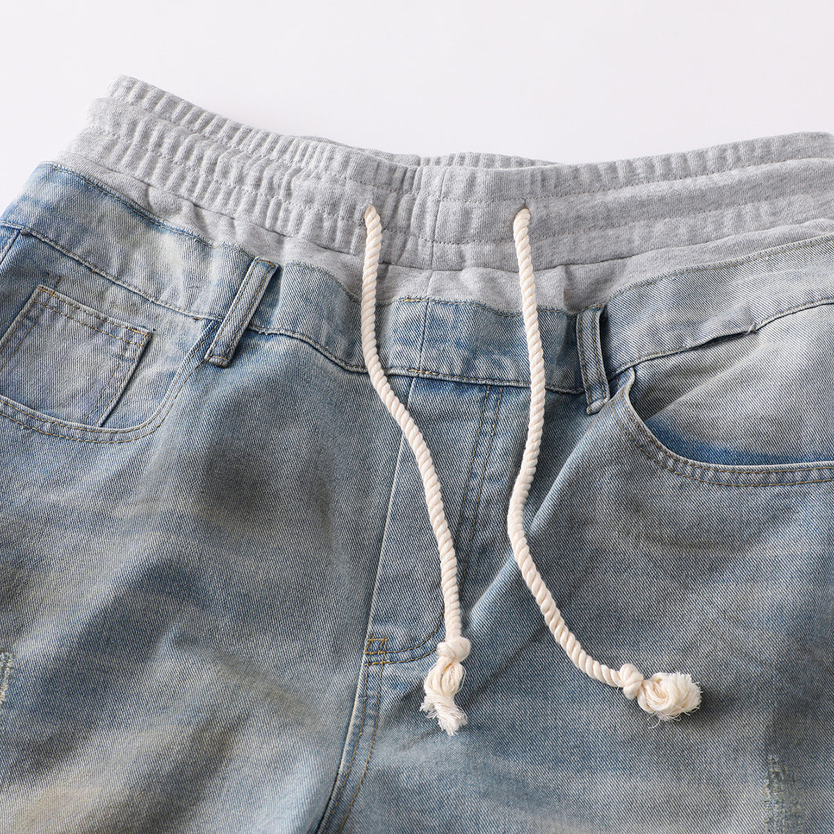 Vintage Wash Double-Waistband Ripped Jeans