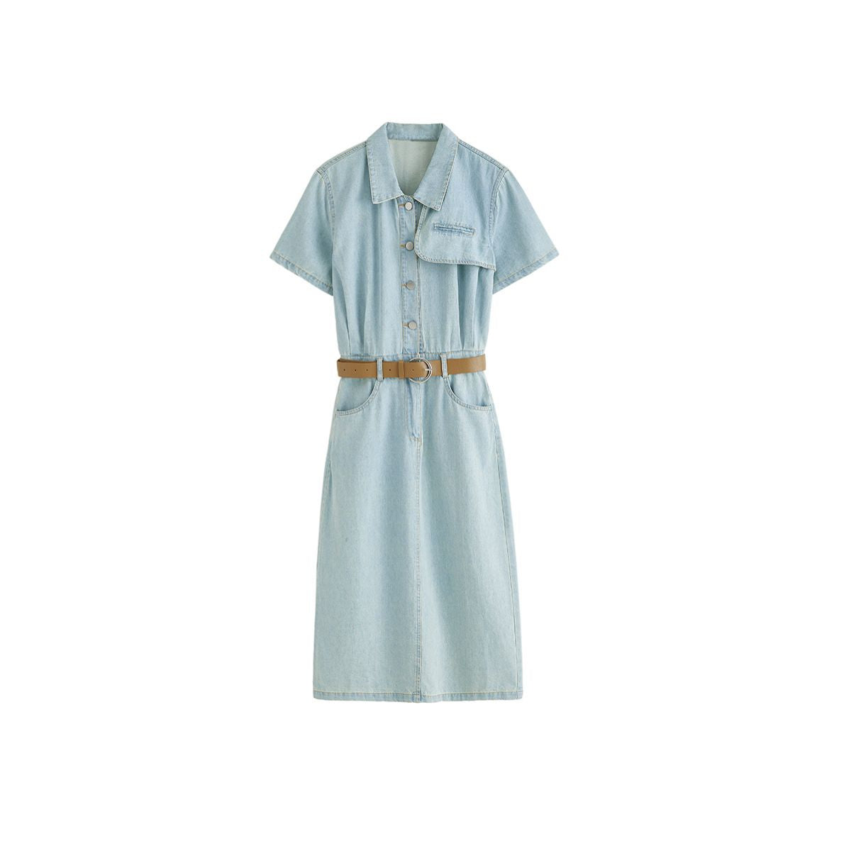 Pleated Short Sleeve Midi Denim Shirtdress