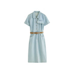 Pleated Short Sleeve Midi Denim Shirtdress