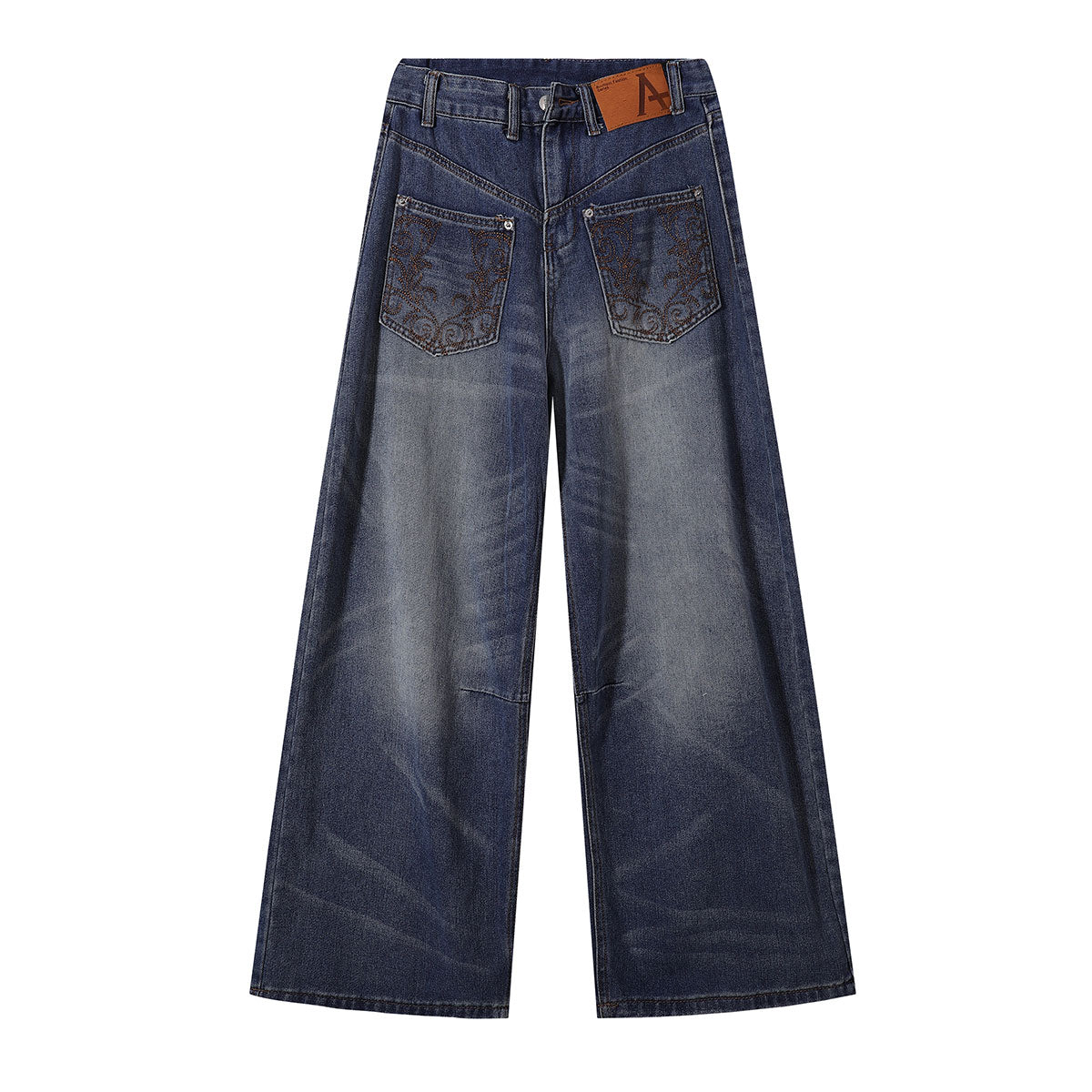 Front Pocket Embroidered Washed Wide Leg Jeans