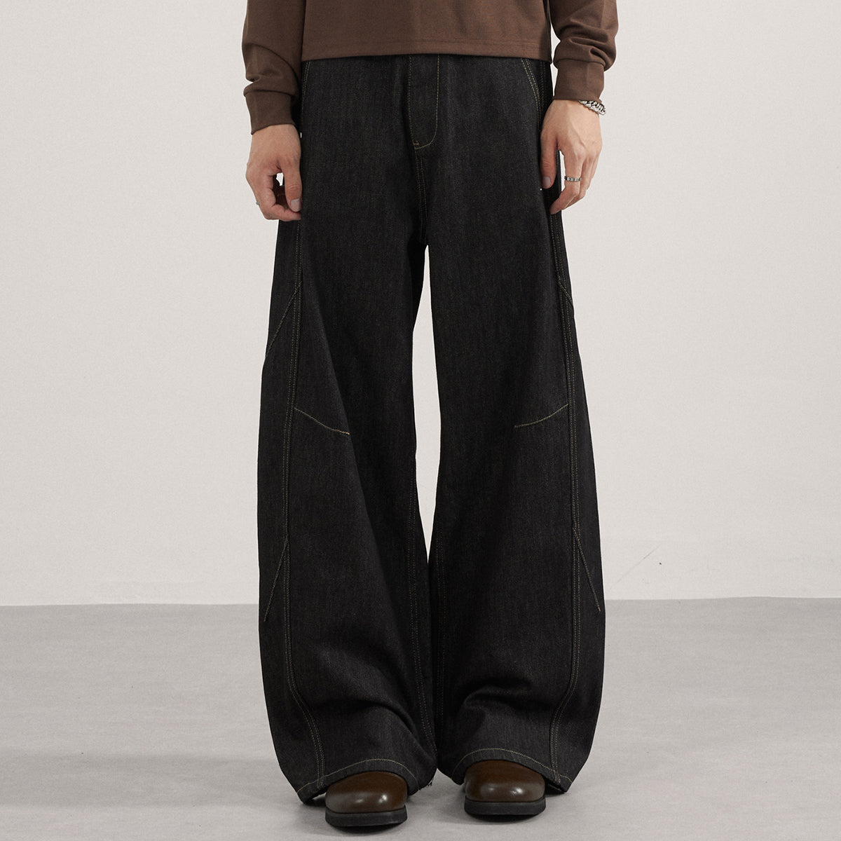 Contrast Stitching Wide Leg Dark Wash Denim Jeans