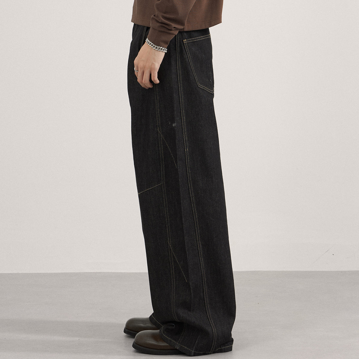 Contrast Stitching Wide Leg Dark Wash Denim Jeans